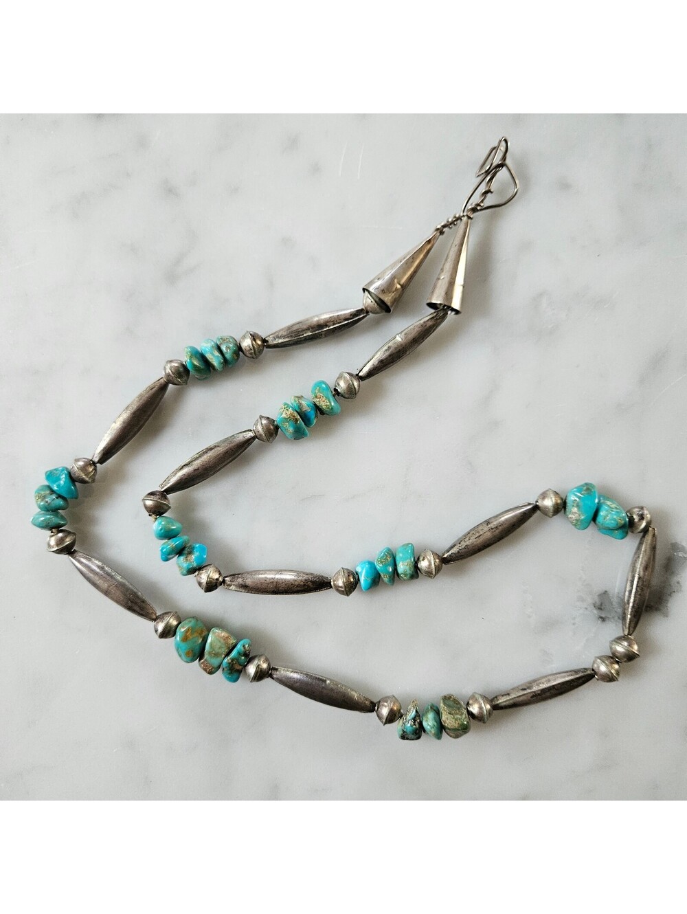 Vtg SS Early Navajo Turquoise Bench Bead Cone Stamped Torpedo 24" Necklace
